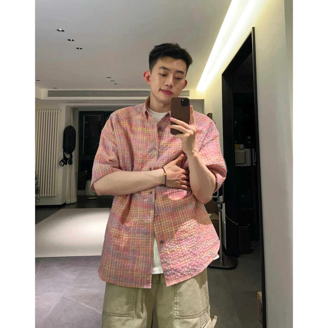 夏季薄款男女宽松格子短袖衬衫休闲衬衣百搭外套复古小众上衣