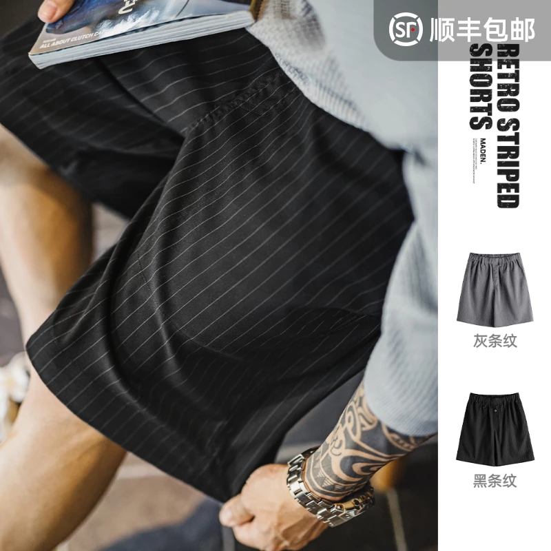 马登工装日系竖条纹灰色西装短裤cityboy松紧腰直筒五分裤男夏季