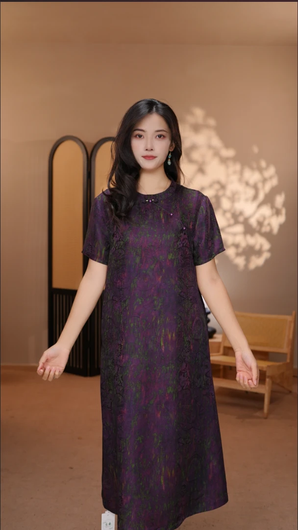 [黛紫] 15号春夏新品香云纱气质显瘦花萝连衣裙