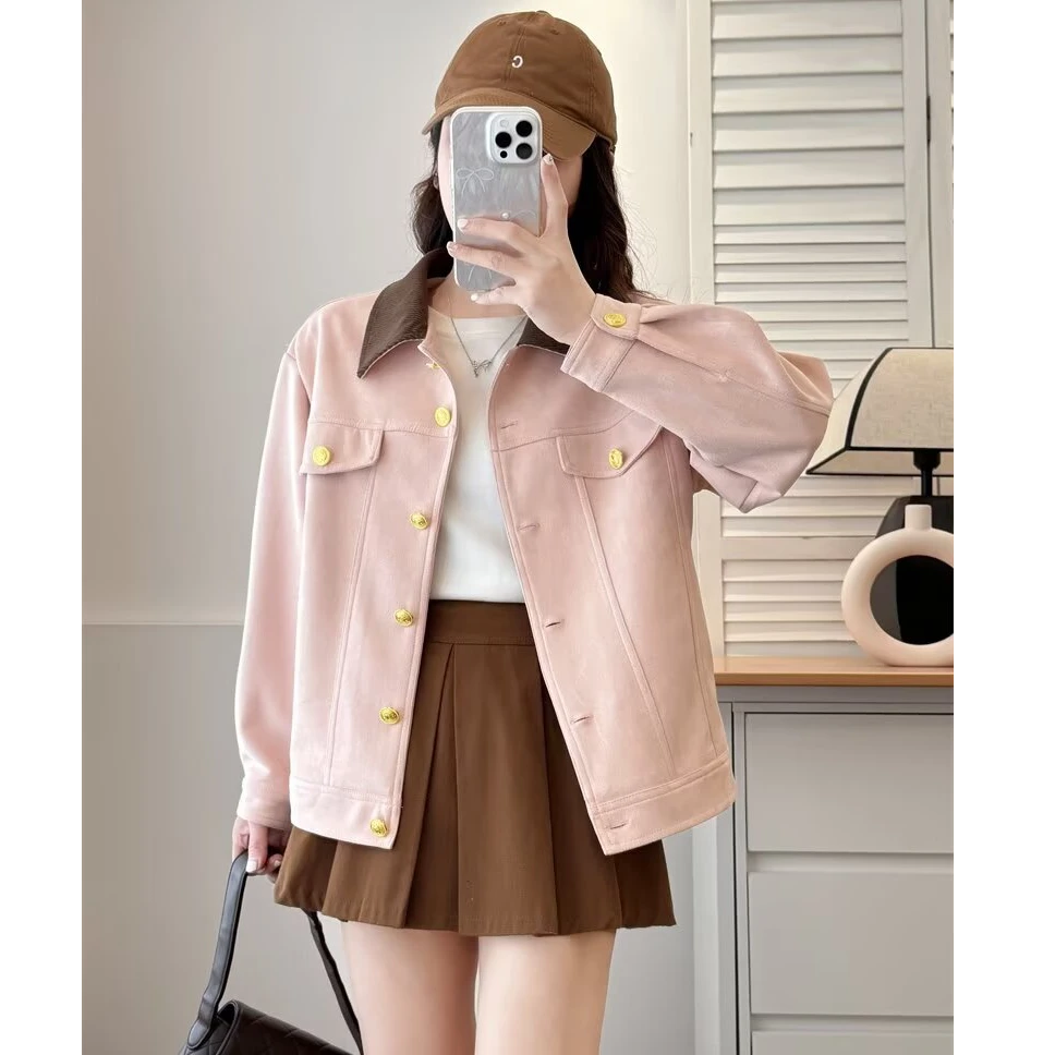 大码胖mm粉色工装外套女春秋新款甜美小个子学院风休闲夹克上衣
