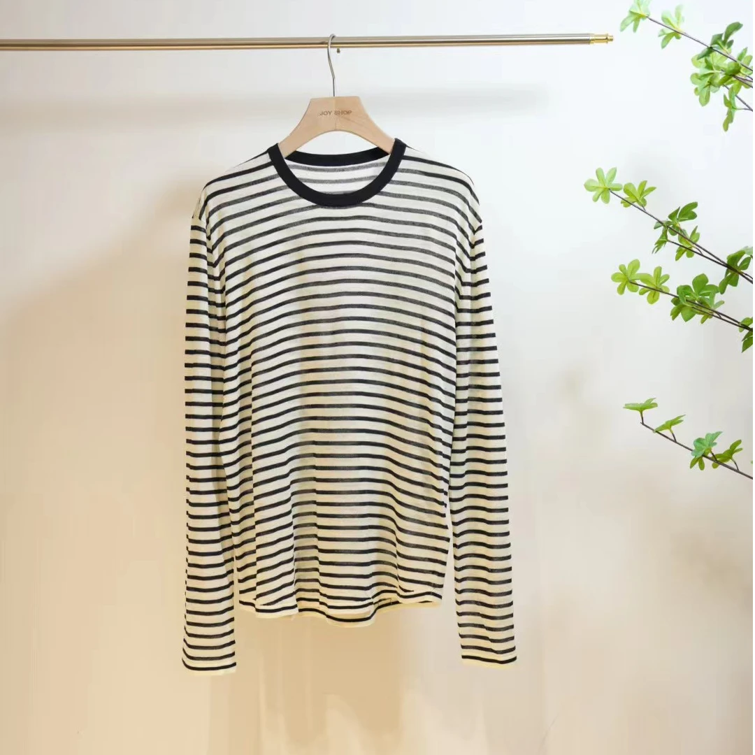 2-871-黑白条纹薄款亚麻罩衫女圆领长袖T恤