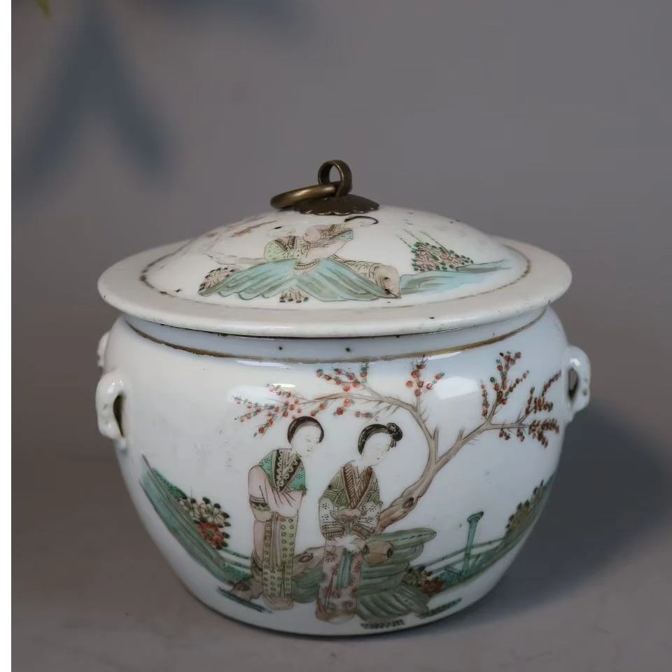 12:民国粉彩桃花美女诗文粥罐