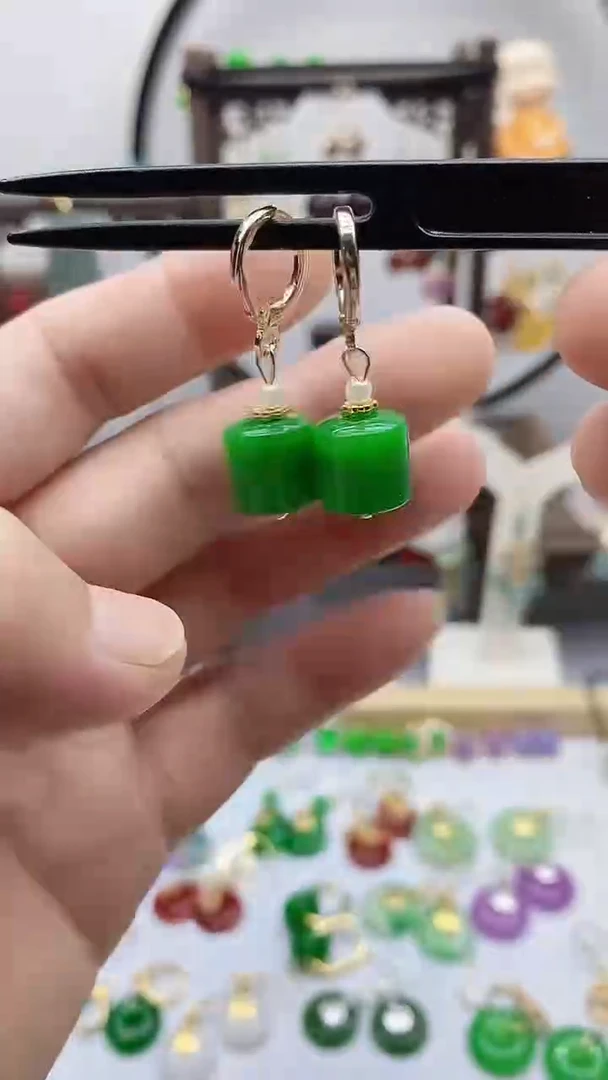 14K金镶嵌石英质玉（非洲翠）耳饰501