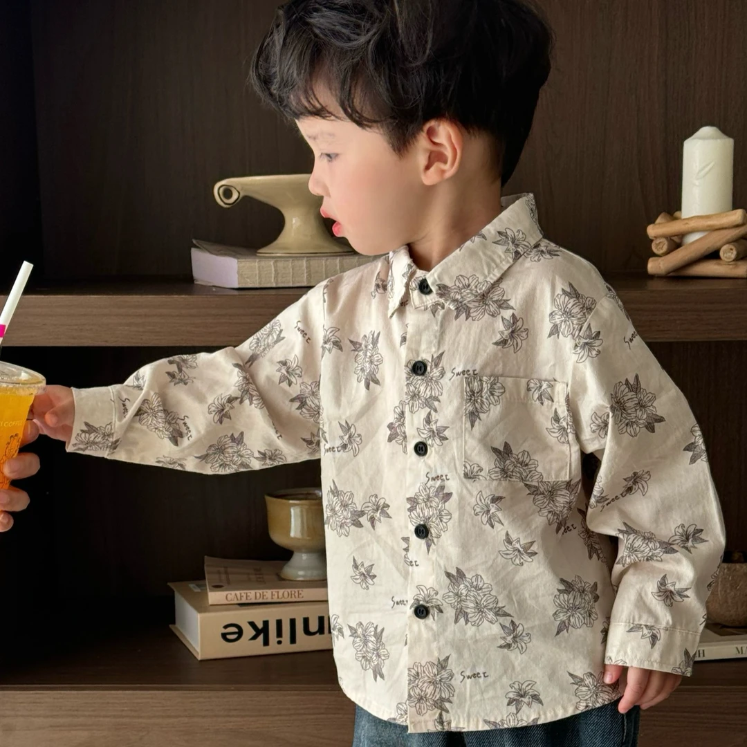 【古风满印花衬衫】 2025春新款小童衬衫儿童长袖可爱宽松