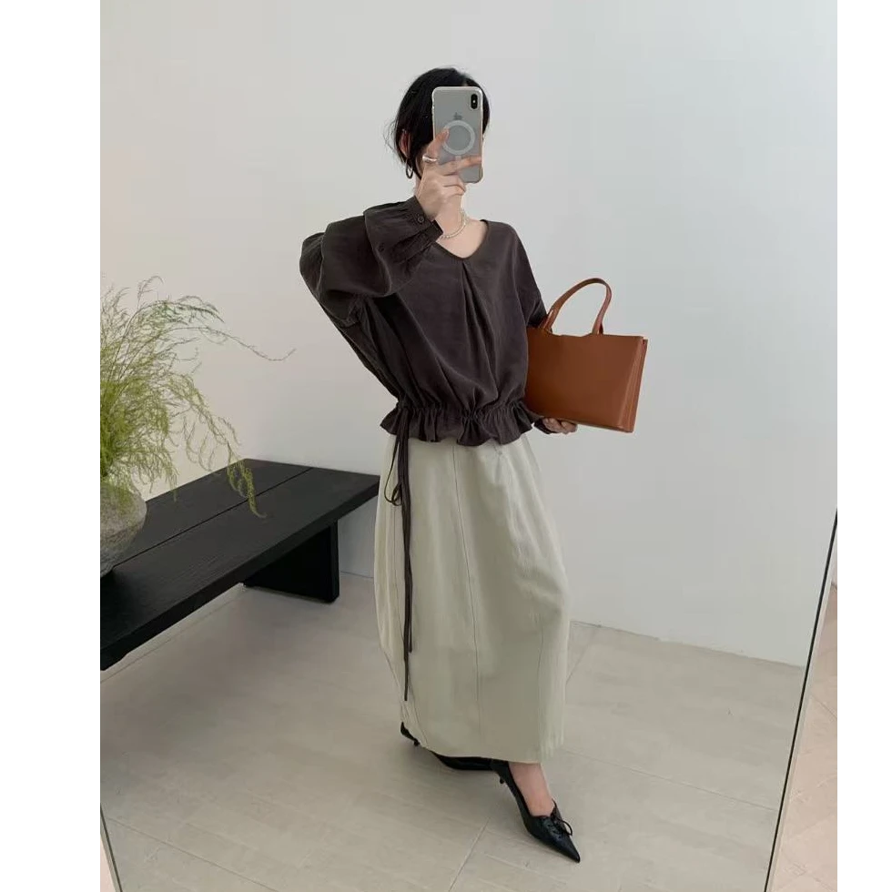 秋季新款系带荷叶边V领慵懒风长袖衬衫女百搭设计感上衣