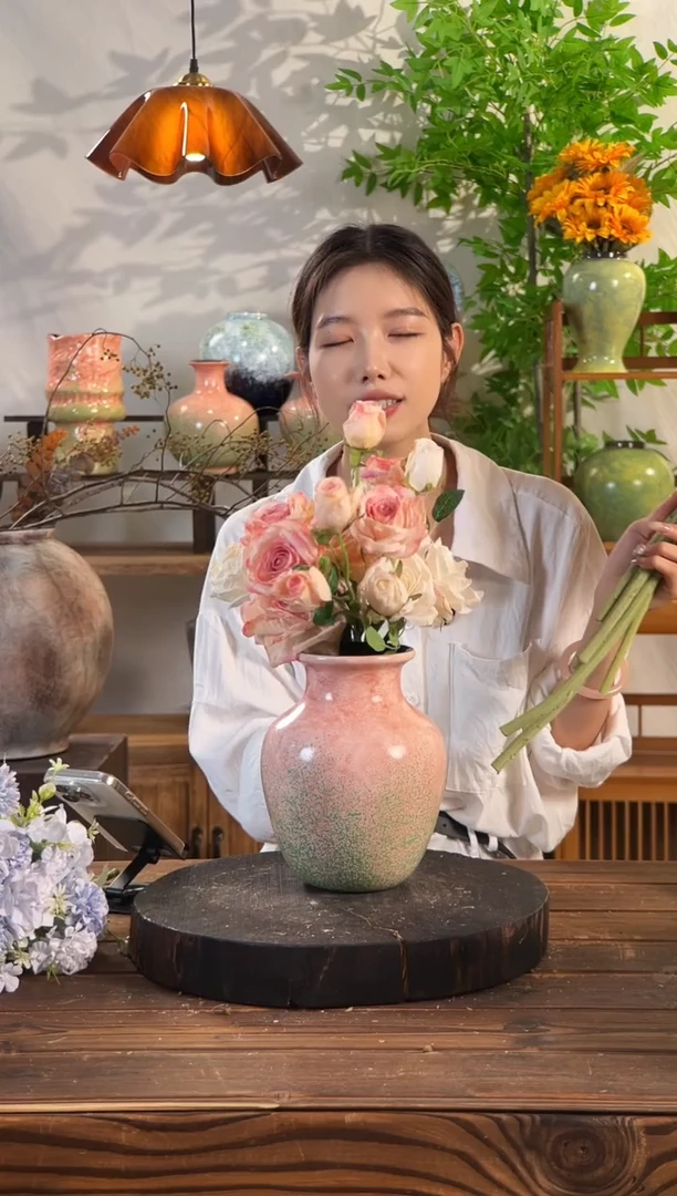 【绿脂凝春-中号胖肚瓶】无孔水培桌面陶瓷花瓶鲜花干花插花花器