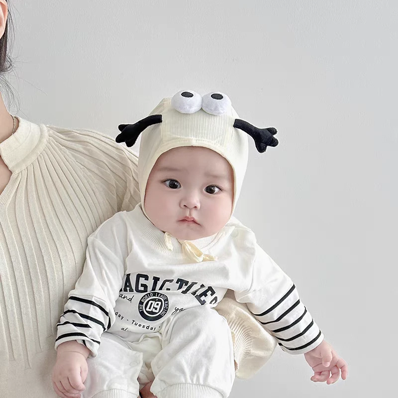 婴儿帽子春秋款护耳帽纯棉柔软胎帽男女宝宝可爱超萌系带防风帽韩