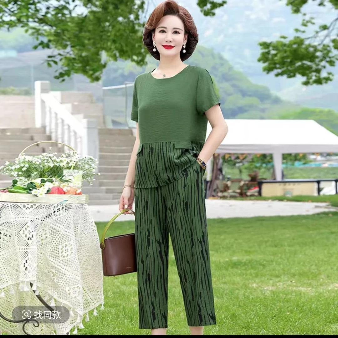 8458-H妈妈装洋气时尚两件套气质上衣休闲短袖套装新仓库13-3-2