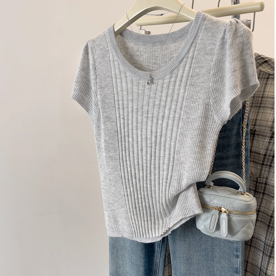 【80-180斤】圆领纯色坑条冰丝短袖T恤女夏季遮肚显瘦百搭针织上衣