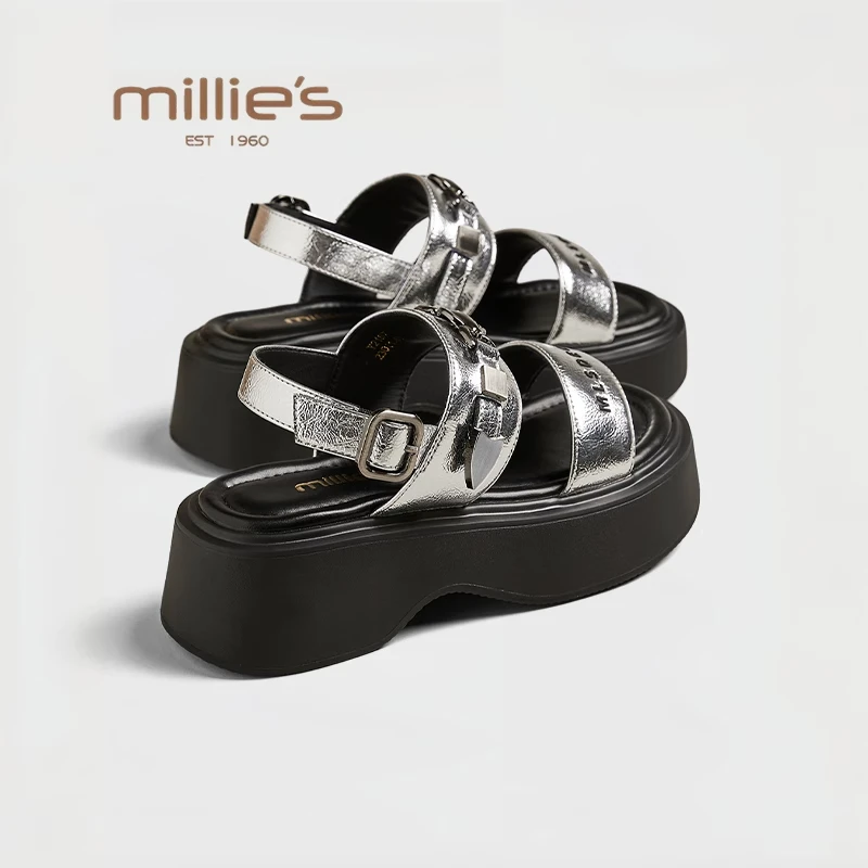 MILLIE'S/妙丽休闲凉鞋女夏季新款松糕厚底外穿一字带沙滩罗马鞋Z