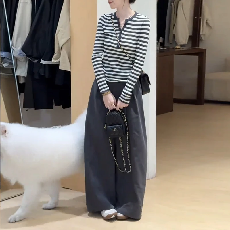 2025秋季韩系百搭慵懒风显瘦条纹针织上衣基础百搭休闲裤时尚套装