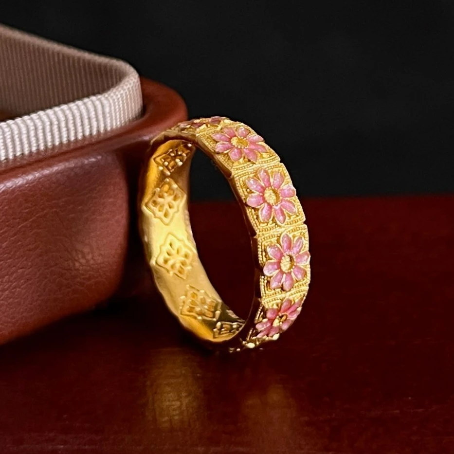 【锦上添花戒指】足金 粉色 珐琅彩 桃花 戒指