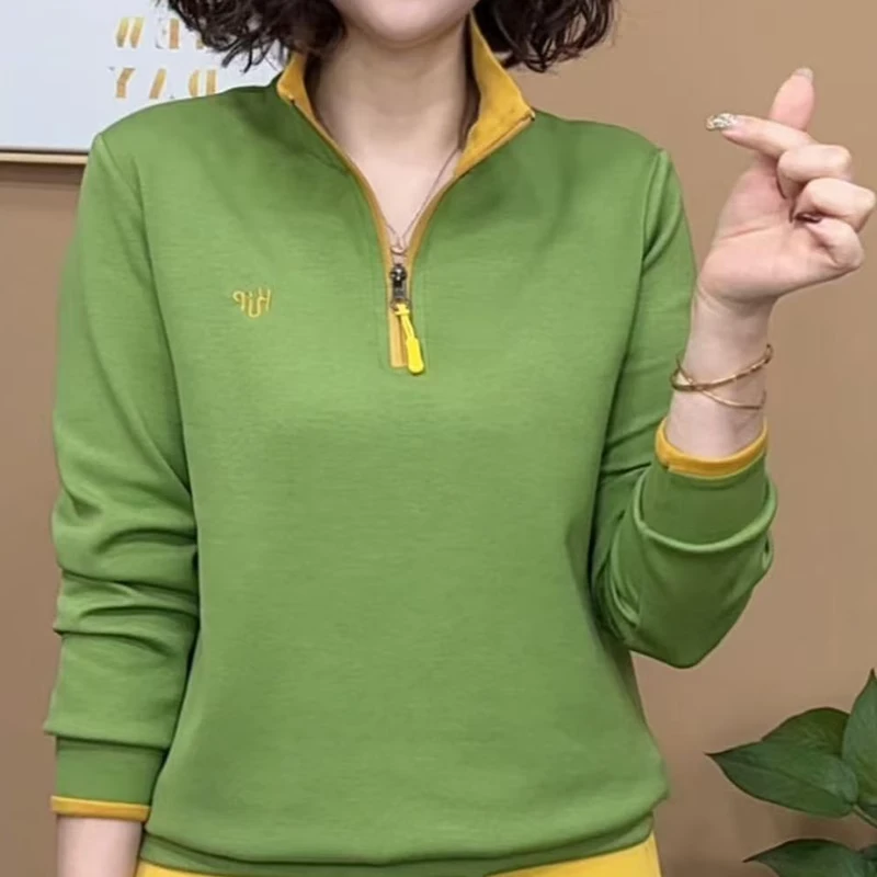 春季时尚洋气新品女士半高领设计刺绣撞色百搭显瘦半拉链卫衣上衣