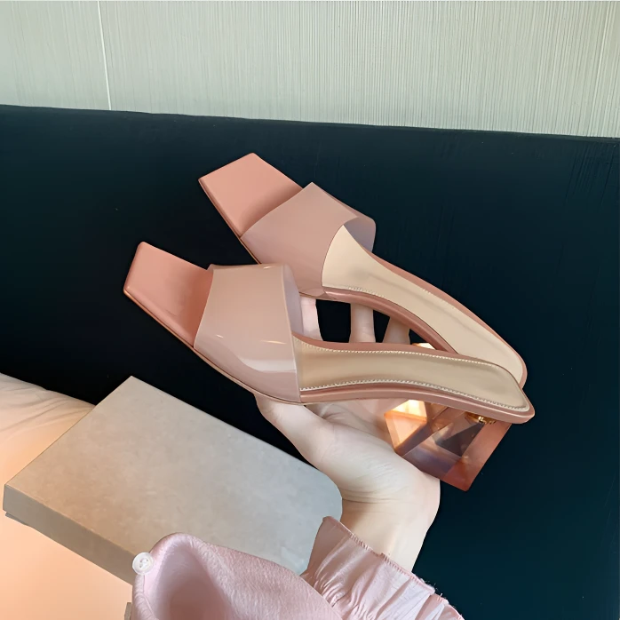 水晶粗跟法式一字带高跟鞋露趾凉鞋女款2025夏季爆款拖鞋女鞋外穿