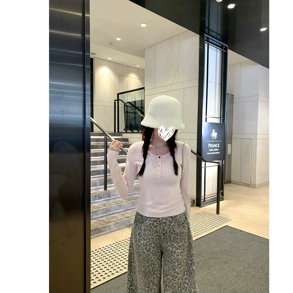 彩扣方程式亨利领异型扣针织衫女秋内搭修身长袖打底衫#Y501