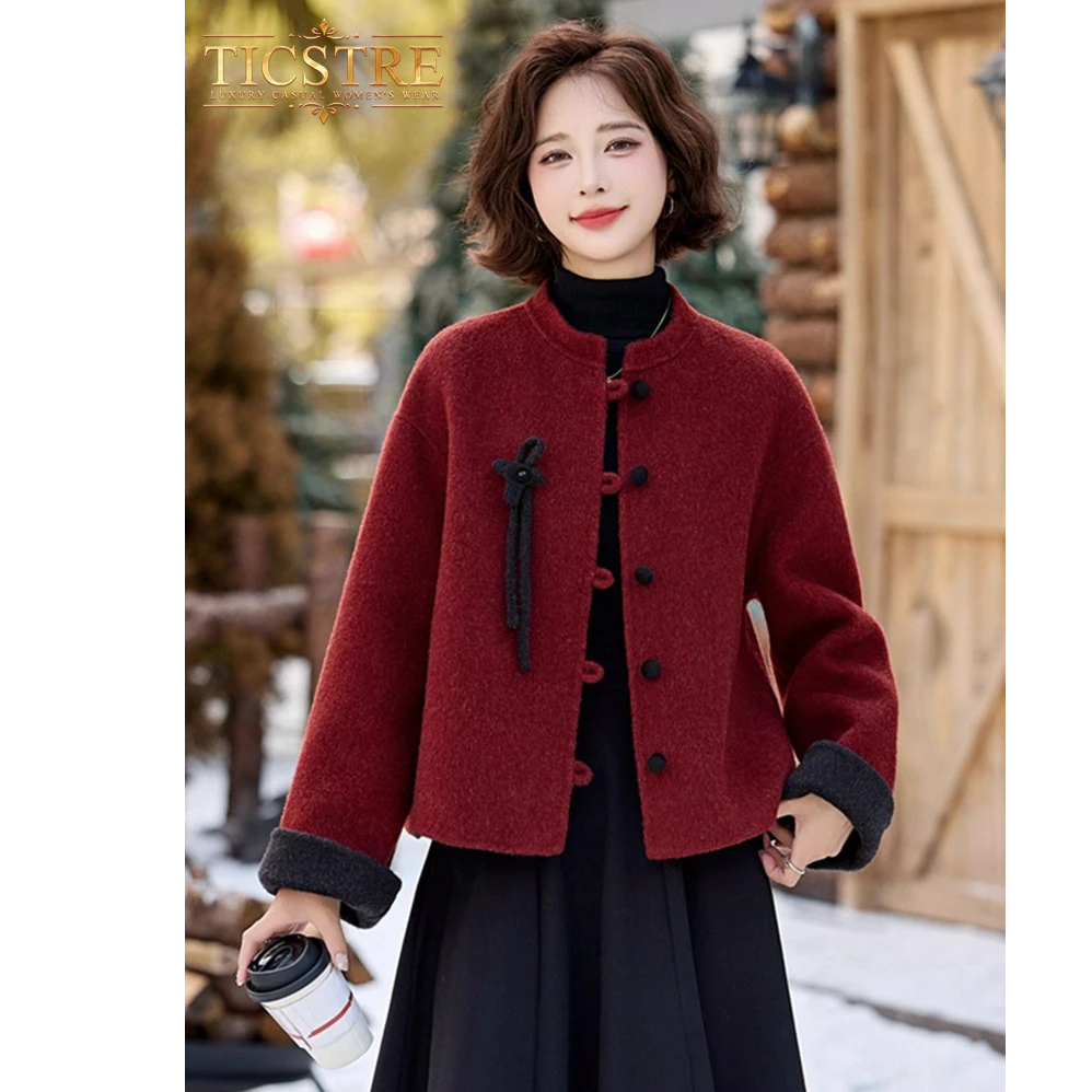 TICSTRE红色撞色时尚短款羊毛呢大衣女秋季新款高级感毛呢外套