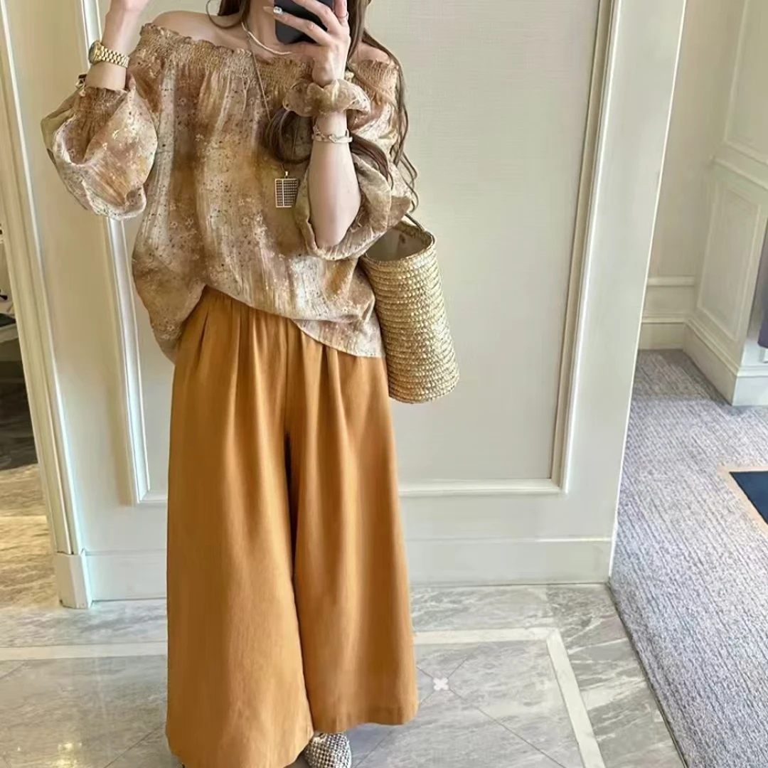 Q3558【特价-占单者限购】一字肩碎花衬衫休闲裤三件套带发圈98827