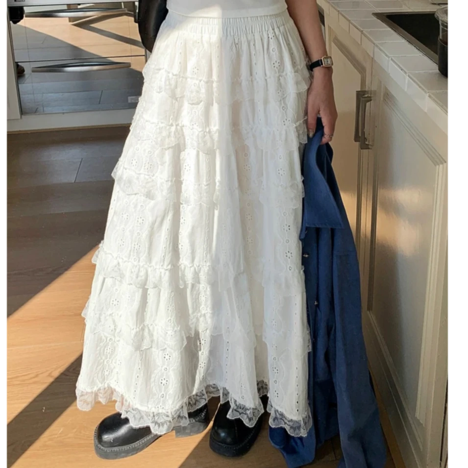 【春季新款】芭蕾风高腰气质蕾丝拼接蓬蓬白色蛋糕半身裙长裙 80819