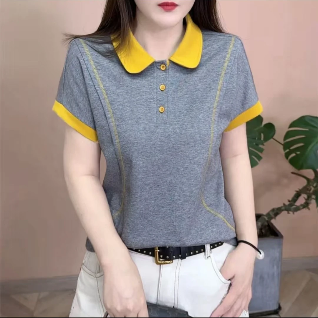 纯色拼接修身型短袖常规款T恤减龄OL夏季女士半袖翻领韩版显瘦