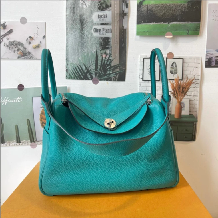 99新 Hermes/爱马仕 Lindy30孔雀蓝银扣tc皮R刻斜挎包单肩
