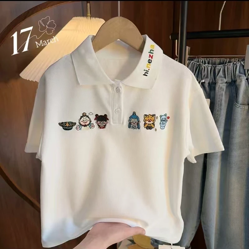 兄妹同款~高品质刺绣25新款Polo领哪吒百搭卡通T恤6956