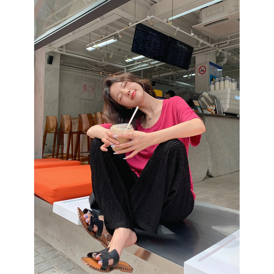 张贝贝ibell时尚百搭小众百褶休闲裤女 夏季宽松高腰抽绳阔腿裤