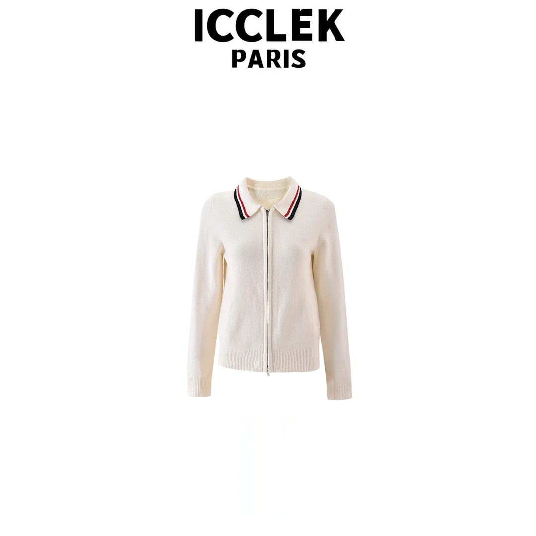 ICCLEK  杏色翻领拉链针织长袖外套气质轻奢名媛显瘦百搭 - 5908