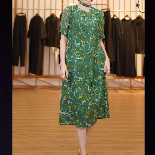 桑蚕丝连衣裙夏季气质轻奢春意盎然碎花裙子LW 8257155 绿色