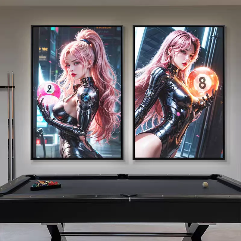台球厅发光装饰画赛博朋克美女桌球室挂画棋牌KTV俱乐部发光灯箱