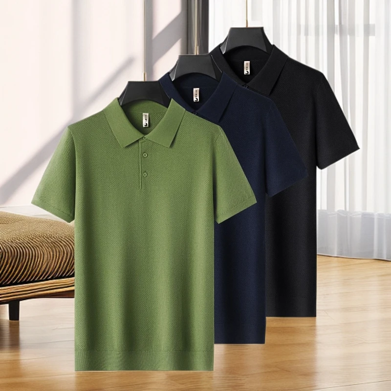 2025秋冬新款男士加肥加大码商务休闲翻领薄款针织衫时尚短袖毛衣