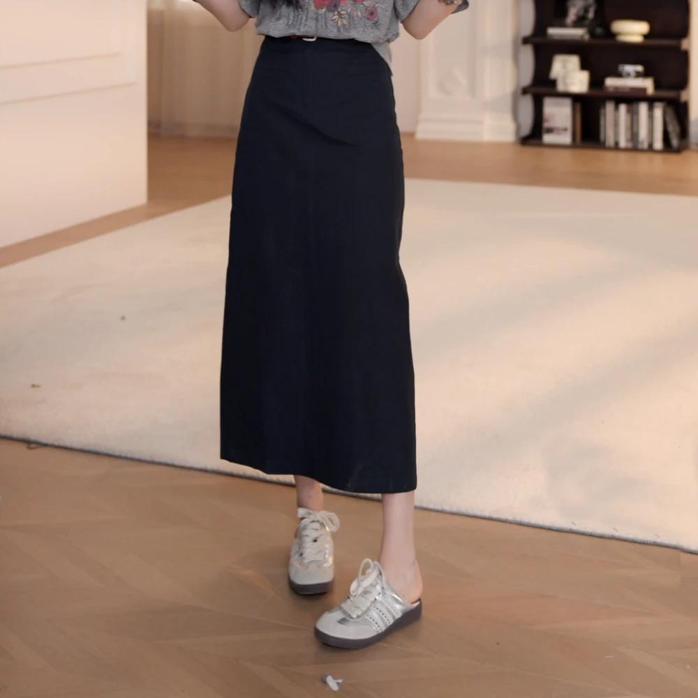 2025春装新款高腰显瘦A字裙长款半身裙后开叉直筒裙长裙裙子
