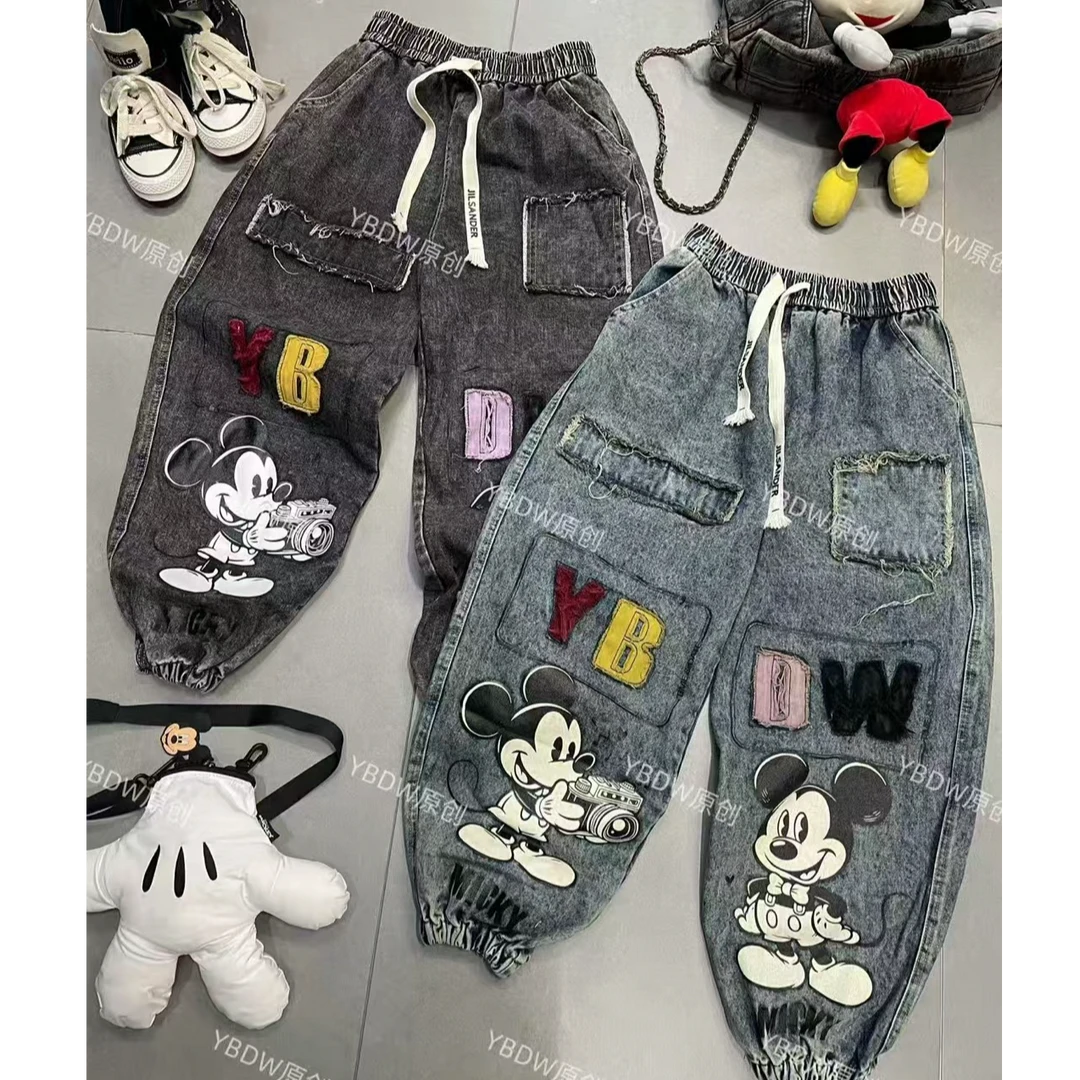 YBDW50520贴布米奇百搭牛仔裤裤子夏季薄款破洞宽松显瘦百搭韩版