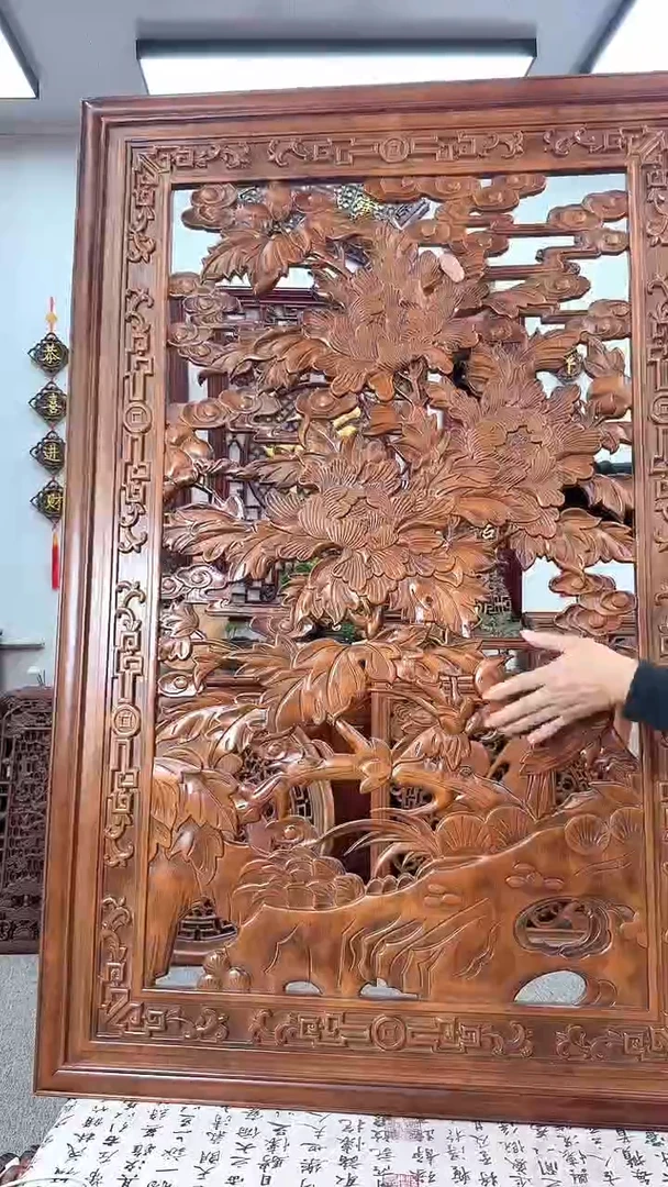 香樟木木雕款120*80花开富贵香樟木挂件