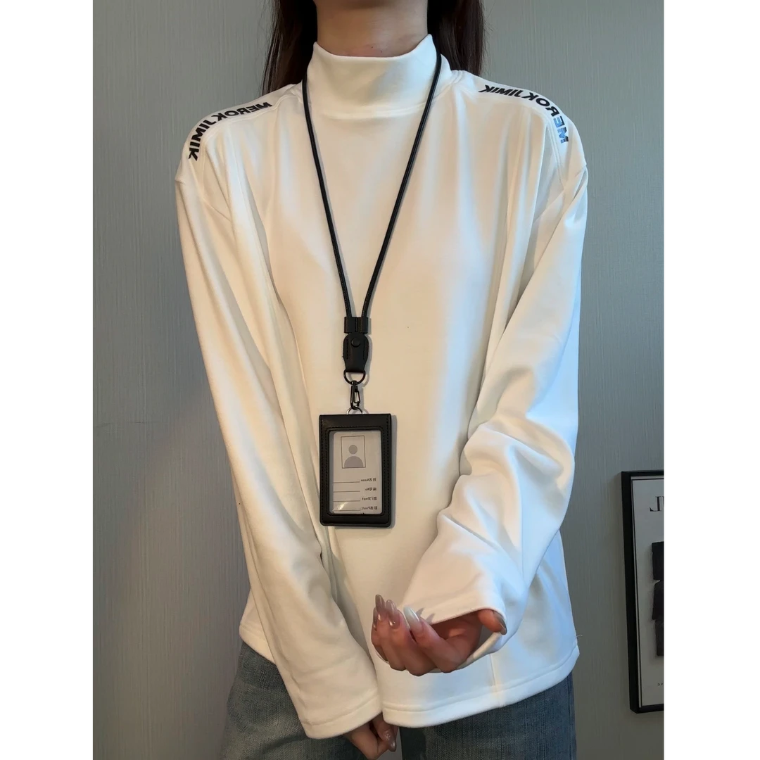 正肩半高领德绒印花长袖T恤男款秋冬高级感纯色内搭打底衫卫衣
