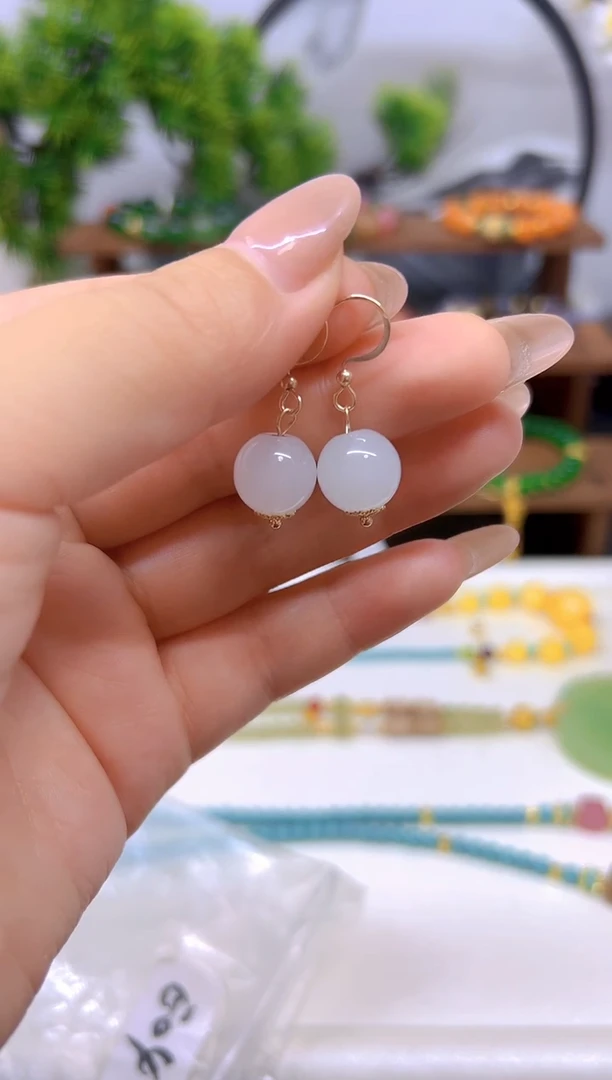 和田玉（白玉）14K金镶嵌耳饰E04