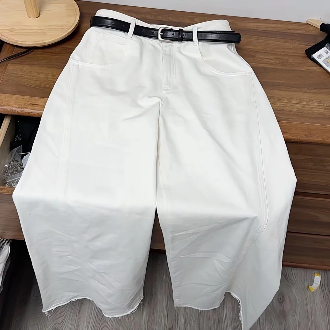 【原歌】夏季白色阔腿宽松微喇白牛仔裤YG590