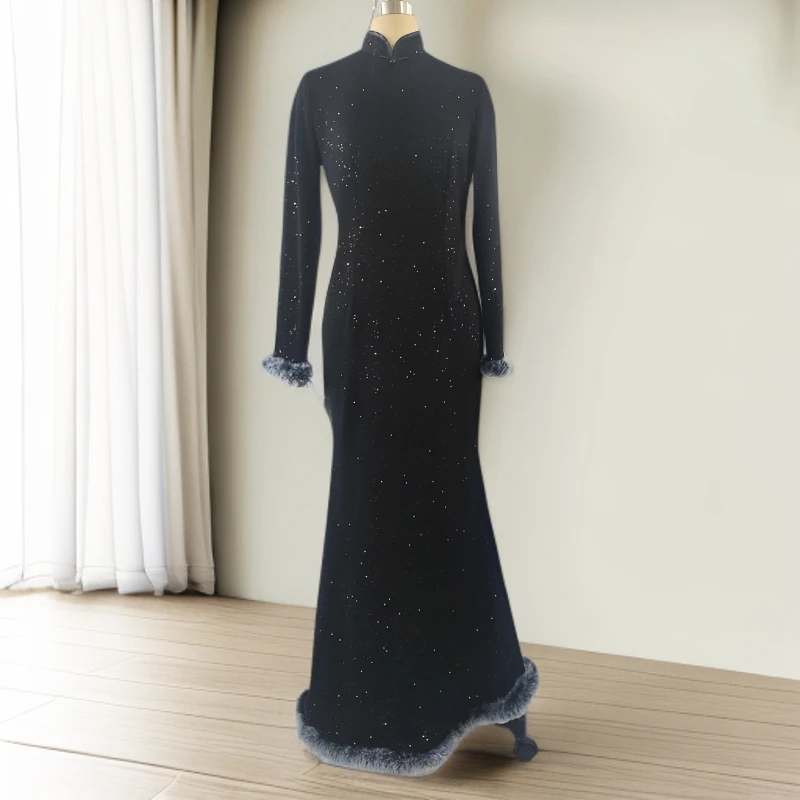 编号023 冬款加绒气质高贵典雅闪耀黑色洒金星空鱼尾裙