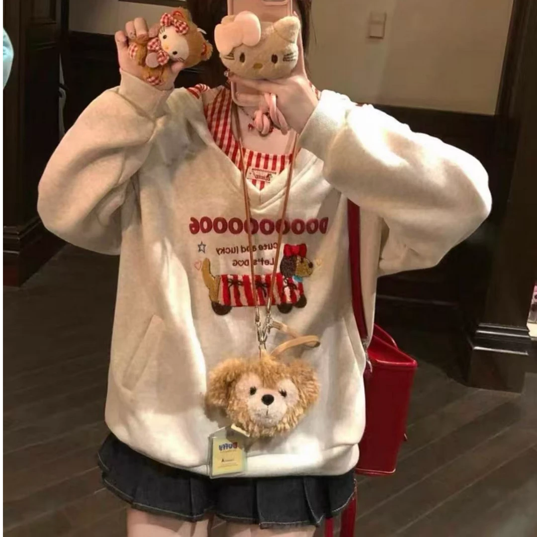 婷婷家美式复古学院风格子挂脖吊带连帽v领卫衣女➕裤子三件套