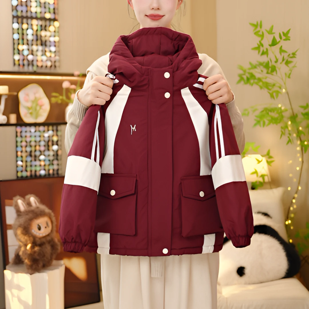 女童加绒加厚拼色连帽冲锋衣秋冬2025新款洋气女孩时髦保暖外套潮
