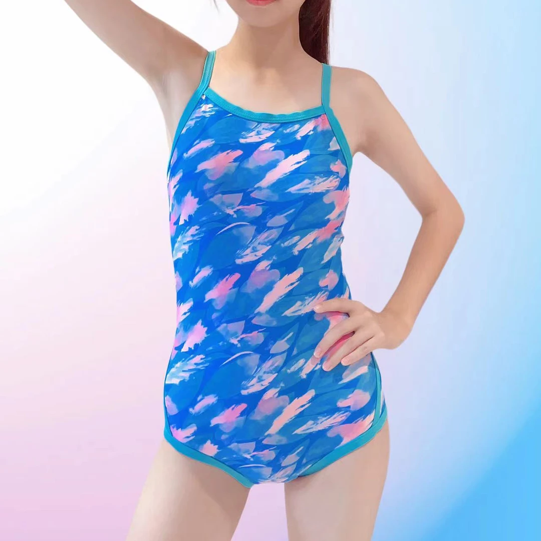 2503粉蓝扎染女款低叉三角连体泳衣遮肚显瘦训练比赛竞速温泉游泳