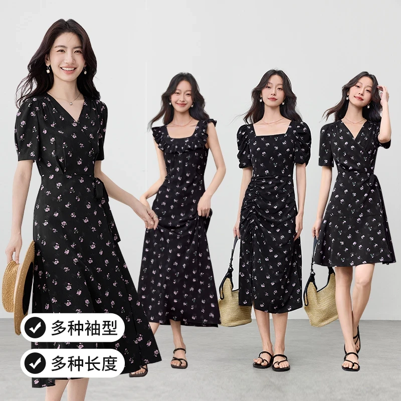 碎花印花短袖纯欲连衣裙气质蕾丝花边收腰显瘦包臀裙复古夏季时尚