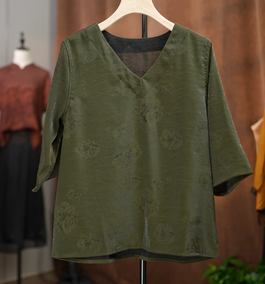 1845【莨纱】百搭气质休闲宽松显透气丝滑V领上衣