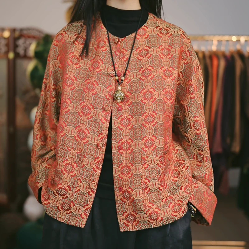 唐一【100%桑蚕丝】新中式2025新年香云纱重锻宋锦两面穿外套开衫女