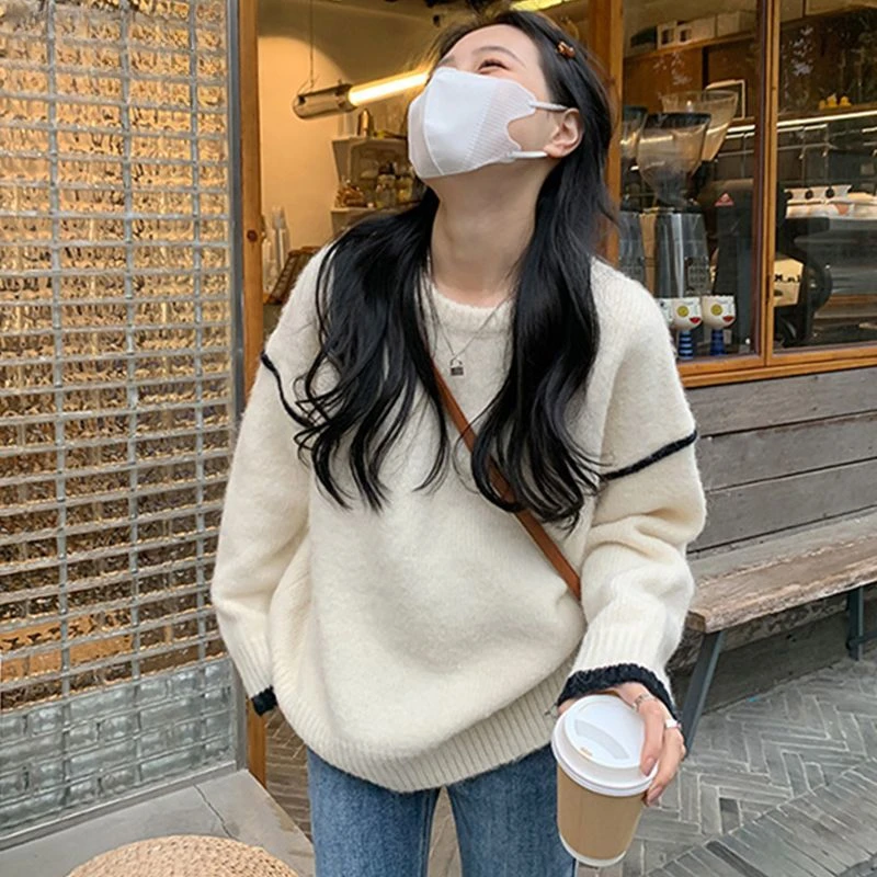 小香风毛衣女新款秋冬高级感宽松慵懒风套头针织圆领上衣M54097