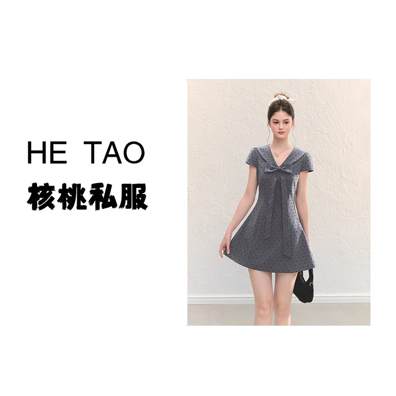 【核桃】miu系复古波点灰色连衣裙蝴蝶结飘带娃娃领A字短裙D3028