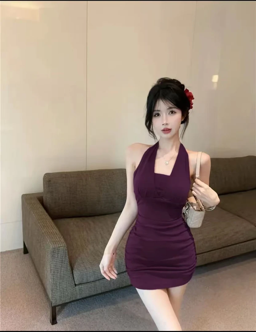 无袖辣妹挂脖包臀短裙新中式收腰连衣裙短裙夏季