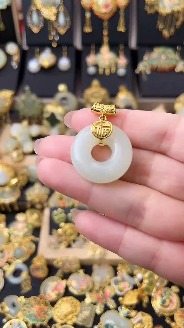 颈饰银S925镀金镶嵌和田玉双福平安扣吊坠