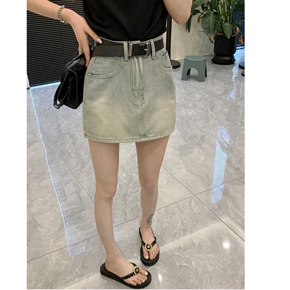 浅蓝送腰带防走光时尚百搭牛仔半身裙女小众复古A字裤裙insL575#