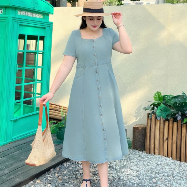 断码捡漏~香草絮语 / 法式复古方领优雅牛仔裙14820花契200斤胖mm