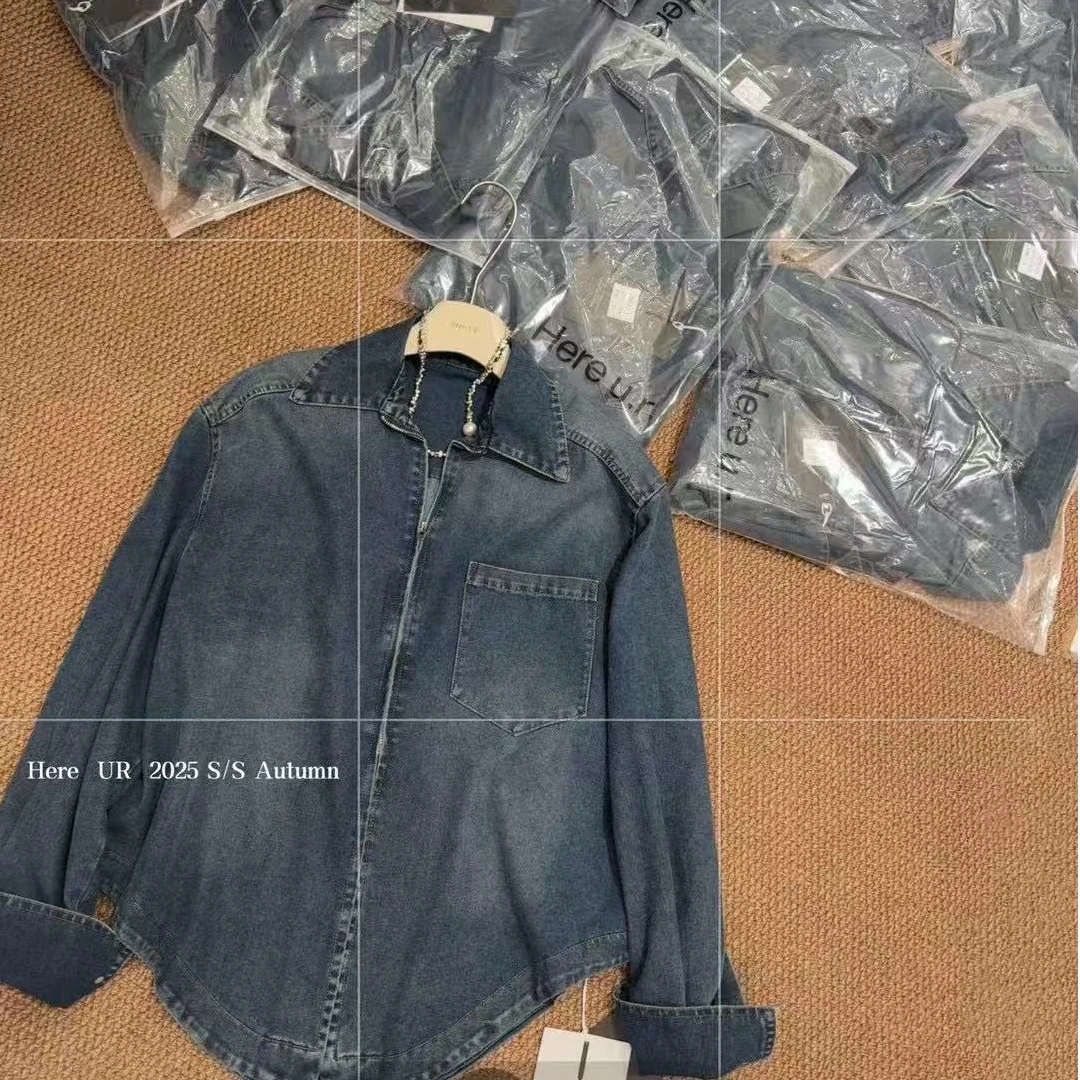 1038高级感简约复古牛仔衬衫外套女士宽松长袖叠穿内搭衬衣